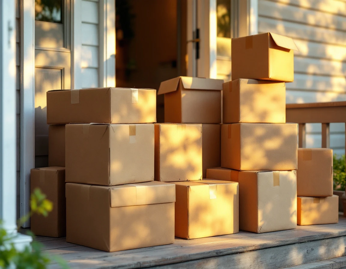 Multiple shipping packages stacked on residential porch showing varied sizes and delivery conditions