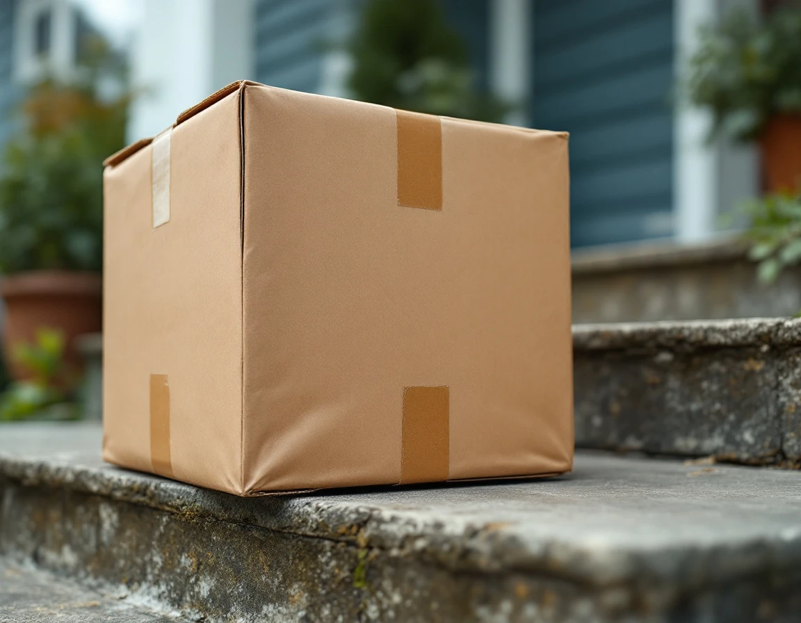 Cardboard shipping package on residential doorstep showing delivery wear and handling marks