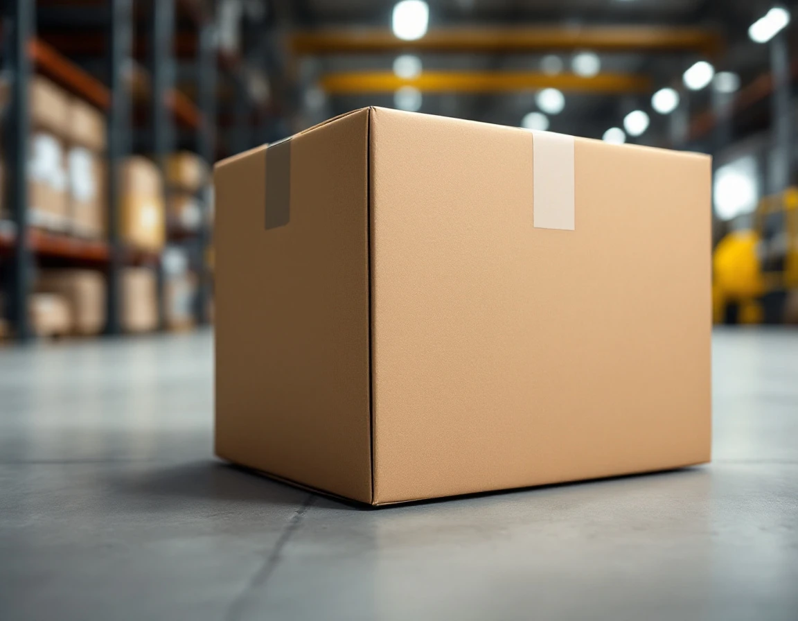 Single cardboard shipping package on industrial loading dock without visible labels or text