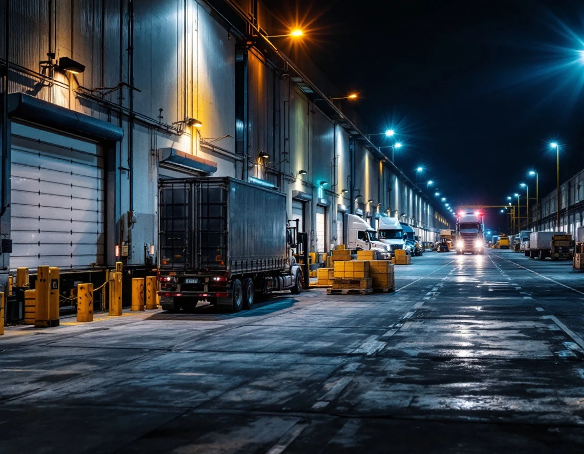 Warehouse loading docks at night with trucks and forklifts during active freight operations
