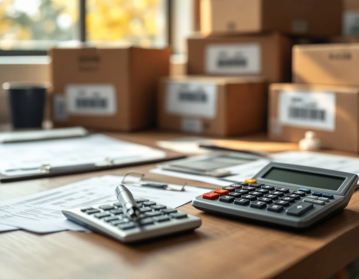 Shipping logistics workspace with calculator, freight documentation, and cardboard boxes on wooden desk