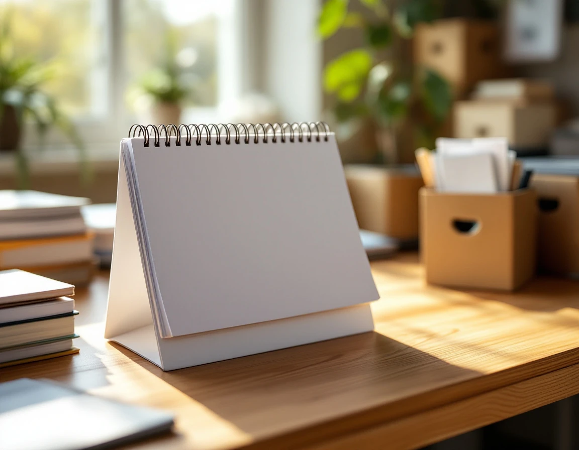 Blurred desktop calendar on wooden office desk with sunlit workspace and organized papers