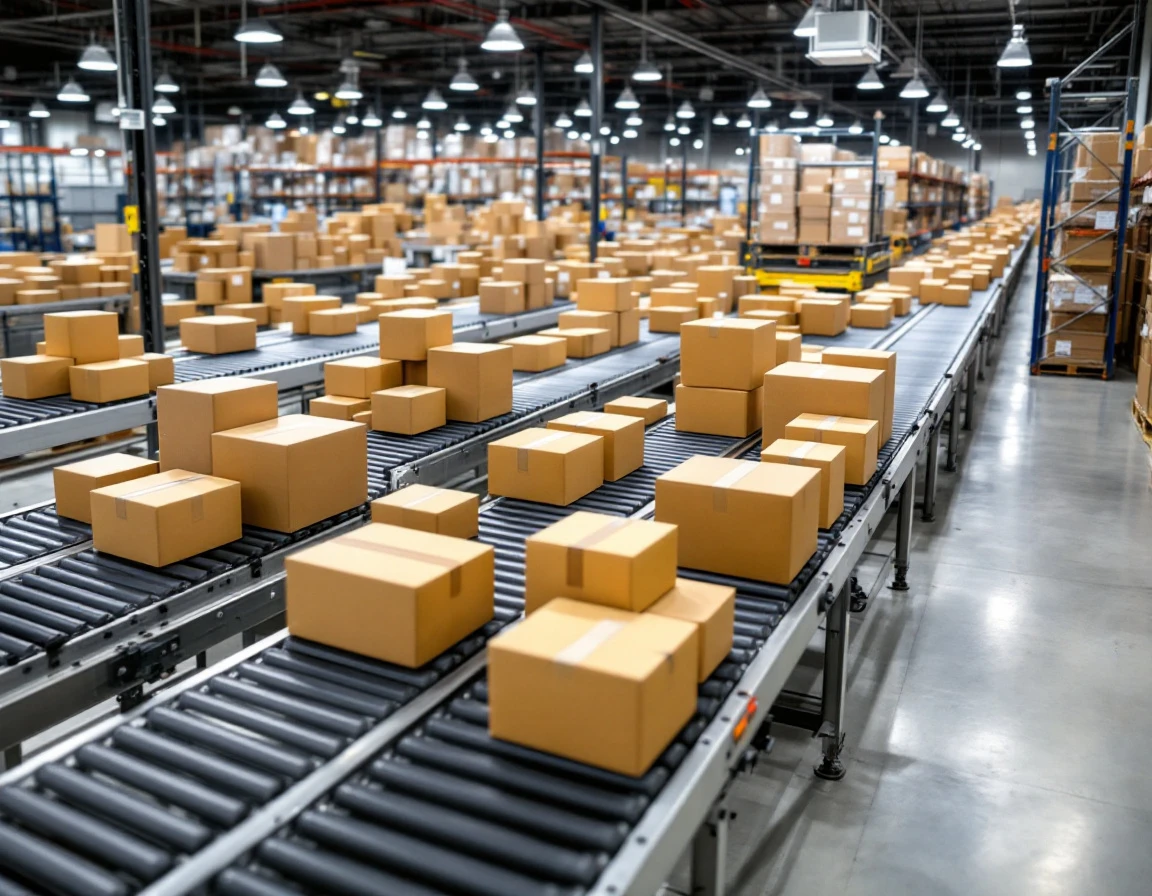 Conveyor belts transporting unmarked cardboard boxes through an automated fulfillment center sorting system