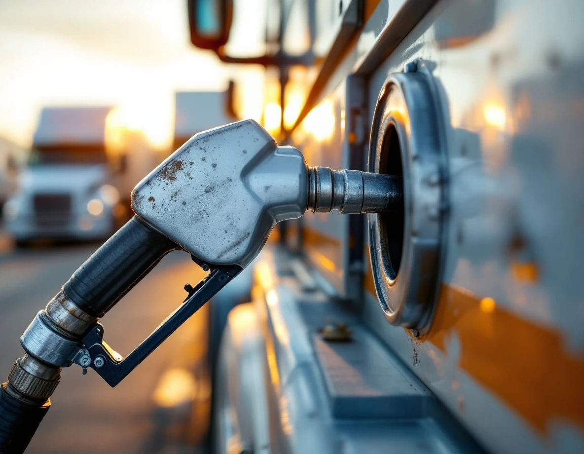 Diesel fuel nozzle refueling a commercial delivery truck at a fleet depot