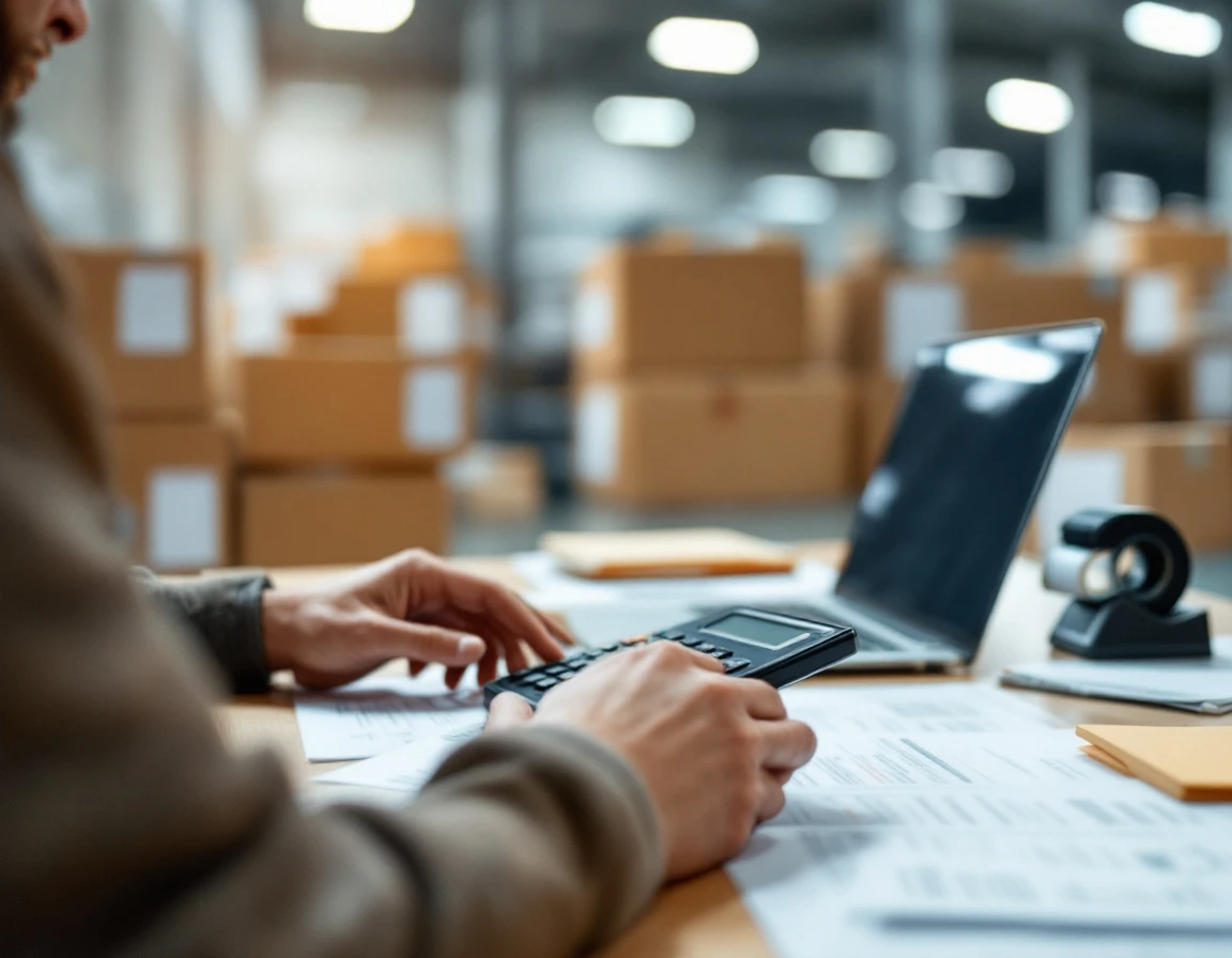 Logistics professional auditing shipping invoices and calculating fuel surcharge costs at warehouse desk