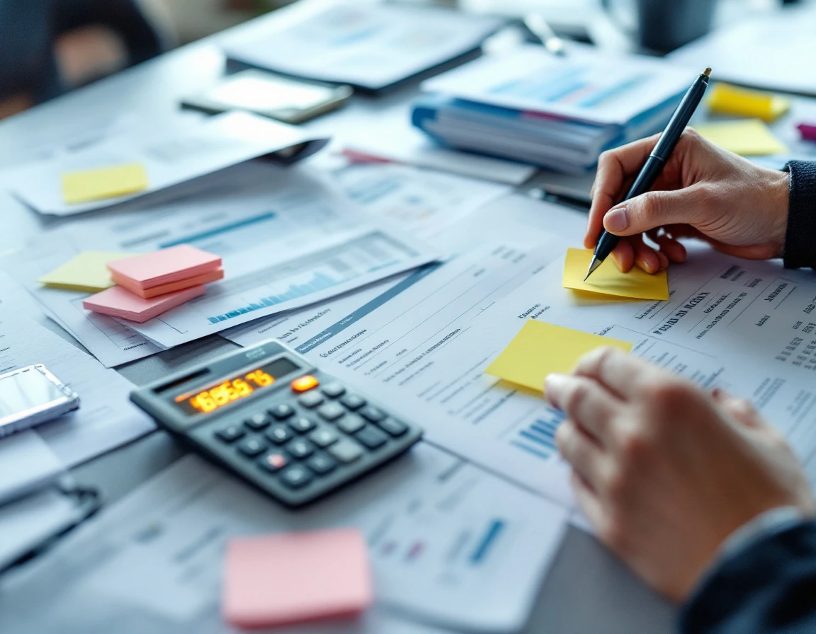 Hands reviewing shipping invoices and calculator on office desk during fuel surcharge audit process