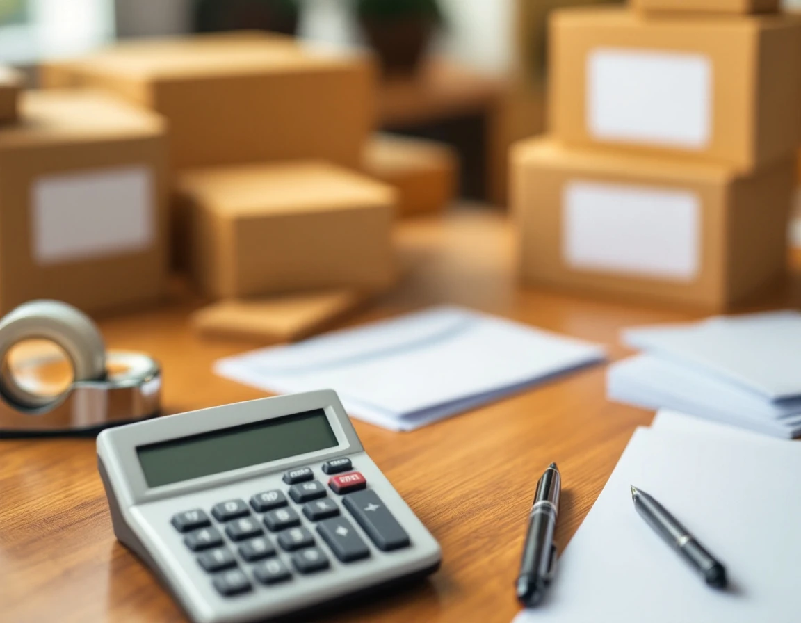 Desktop calculator and sealed envelopes on wooden desk with blurred shipping parcels in background