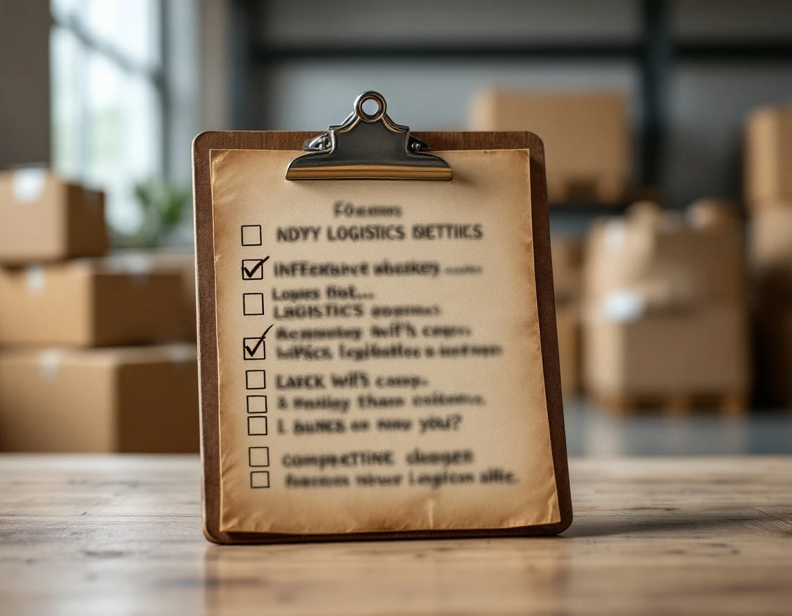 Clipboard with blurred logistics checklist on warehouse desk before peak shipping season