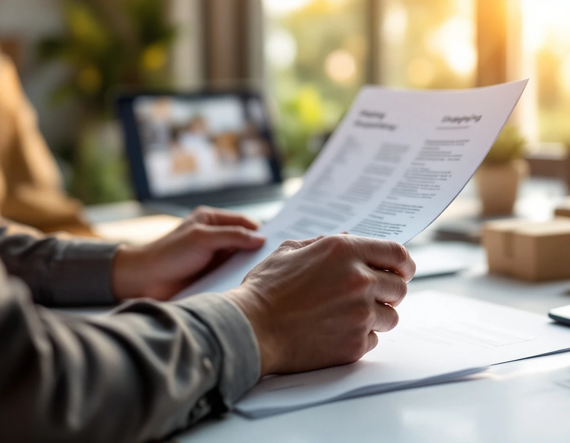 Hands reviewing shipping contract documents on desk in late summer office setting
