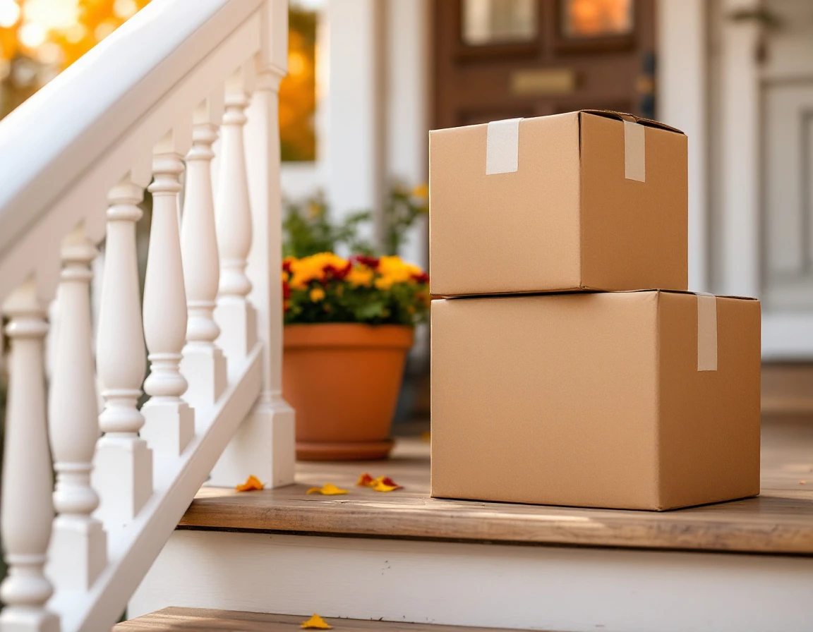 Three unmarked cardboard packages stacked on a residential porch with white railings and potted plant