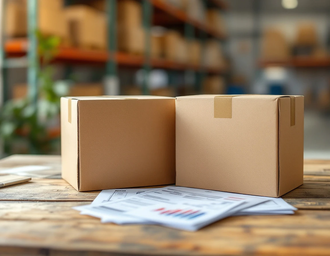Shipping boxes and invoice paperwork on desk in warehouse office for surcharge audit review