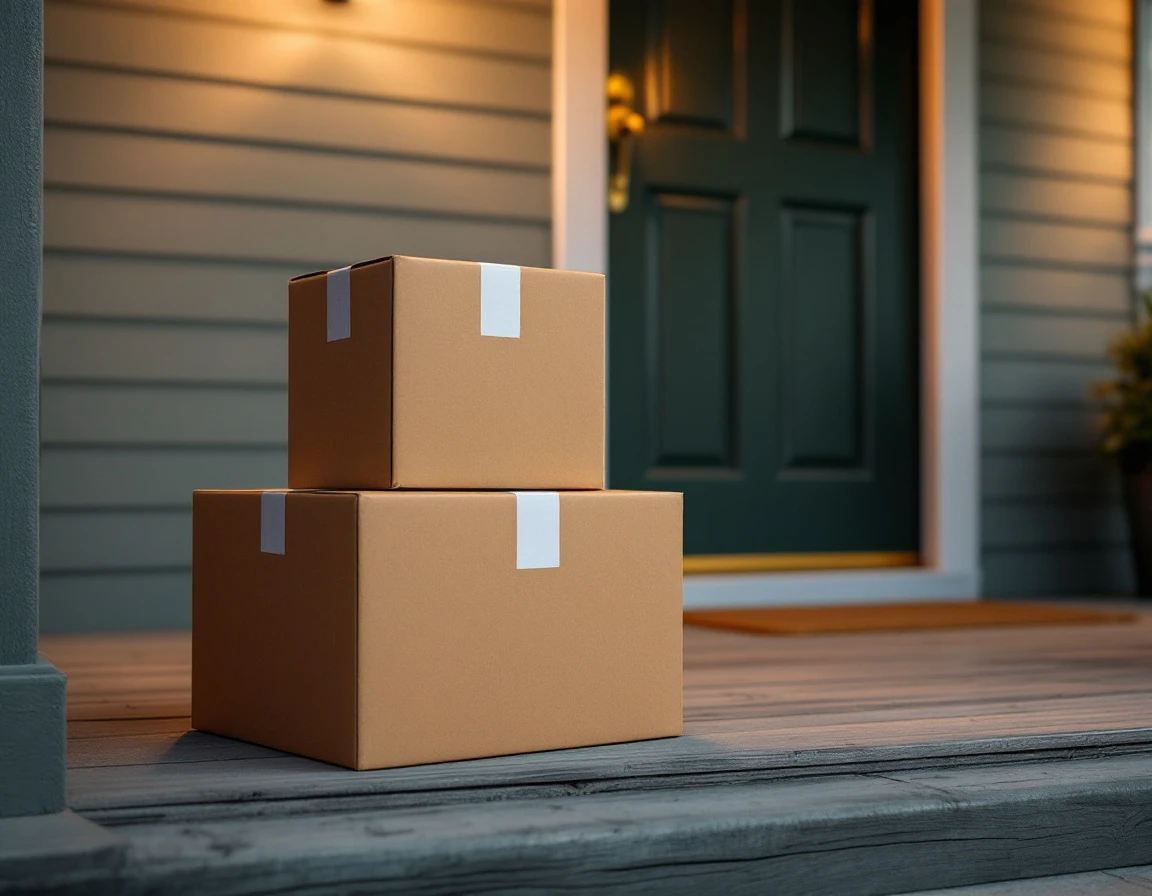Stacked cardboard delivery packages on residential porch in evening light