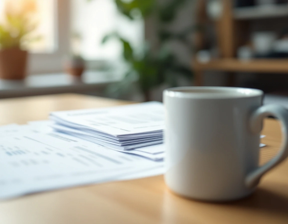 Stack of shipping invoices with blurred text on office desk beside coffee cup in natural morning light