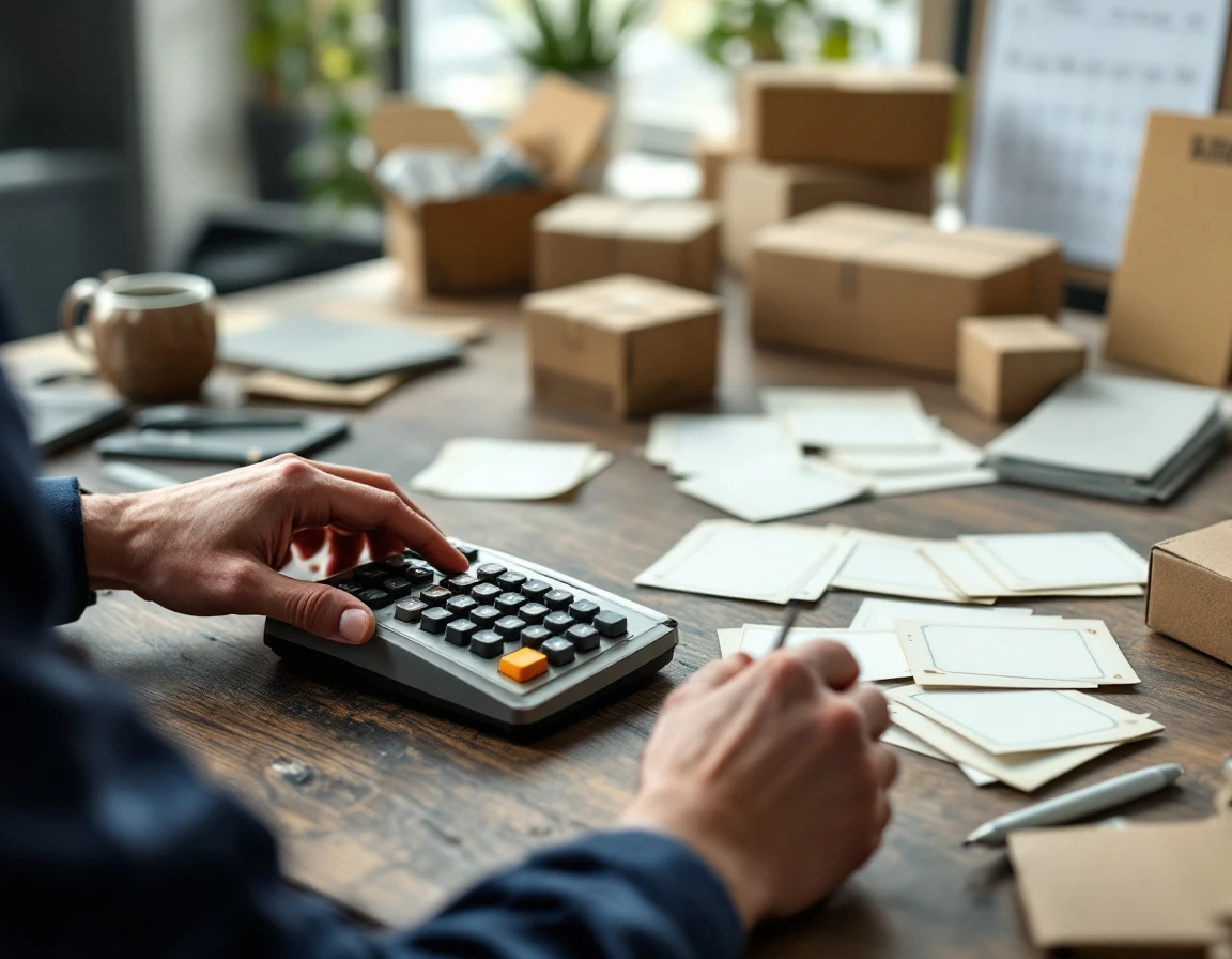 Logistics workspace with calculator, shipping materials, and boxes showing planning tools for cost modeling
