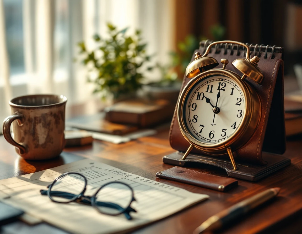 Brass desk clock and calendar on mahogany surface representing quarterly tax deadline scheduling