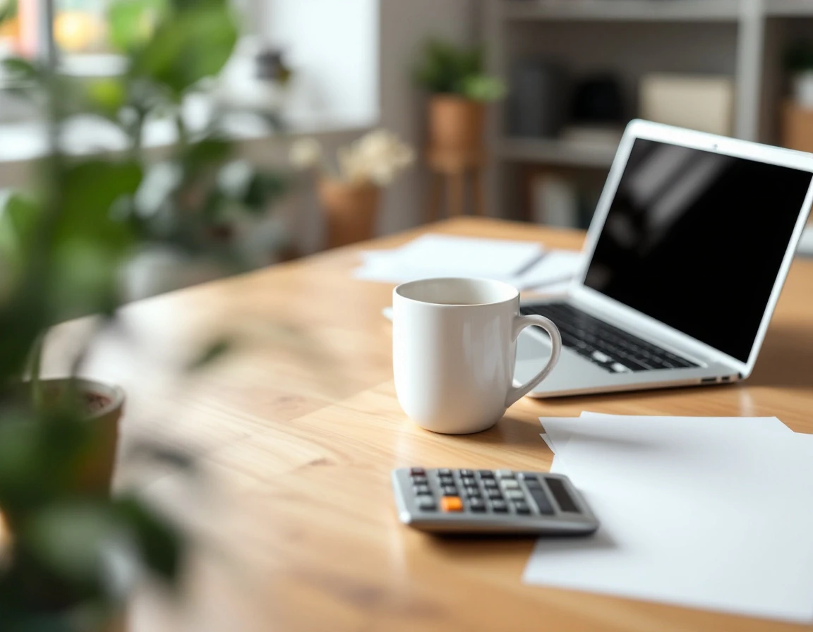 Organized workspace with calculator, coffee, and blank papers for quarterly payroll tax preparation