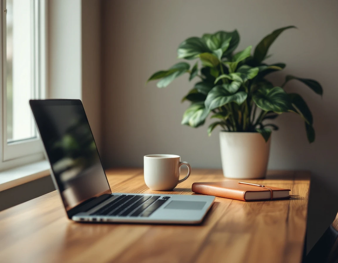 Organized workspace with laptop, coffee mug, notebook, and plant beside window with natural morning light
