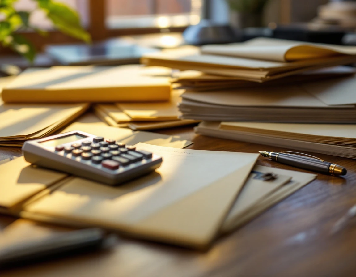 Organized payroll documents and calculator on wooden desk with warm natural lighting