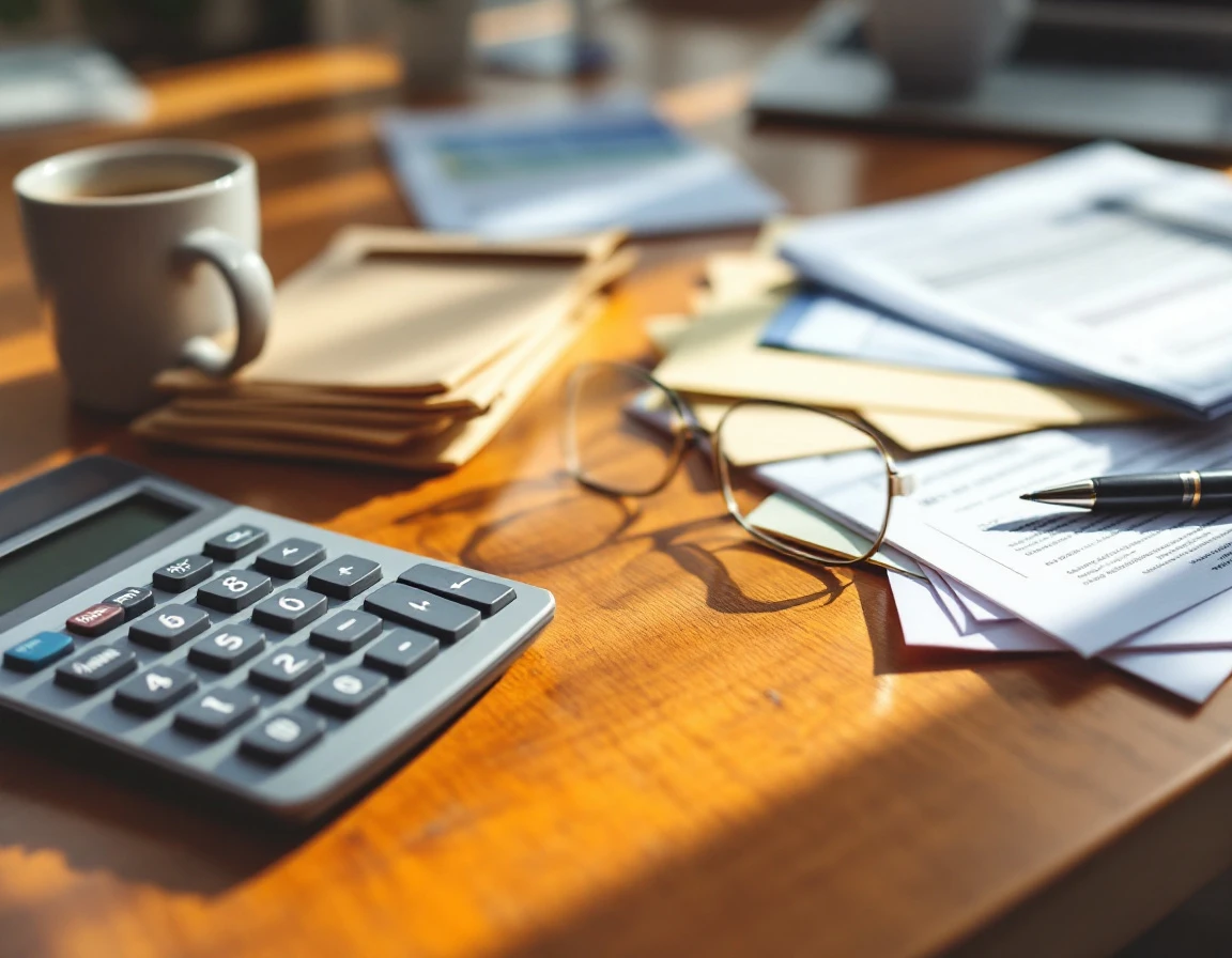 Organized desk workspace with calculator, blurred payroll documents, coffee cup, and office supplies for tax compliance