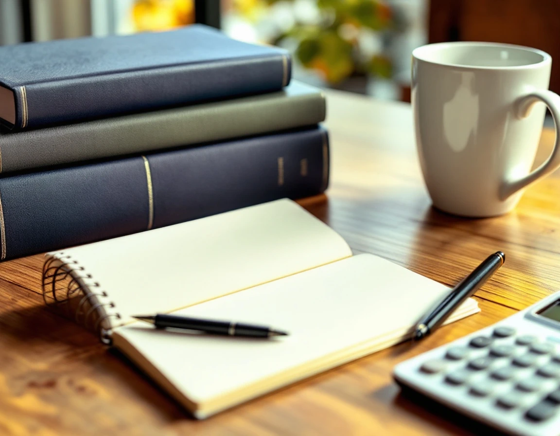 Organized workspace with notebook, stacked books, calculator, and coffee mug on wooden desk by window