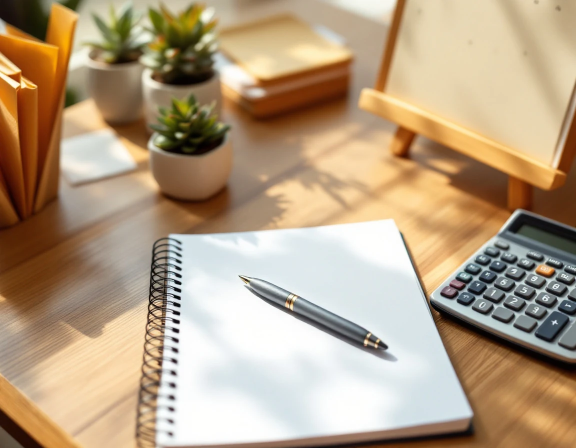 Wooden desk with calculator, blank notebook, and organized papers for financial planning workspace