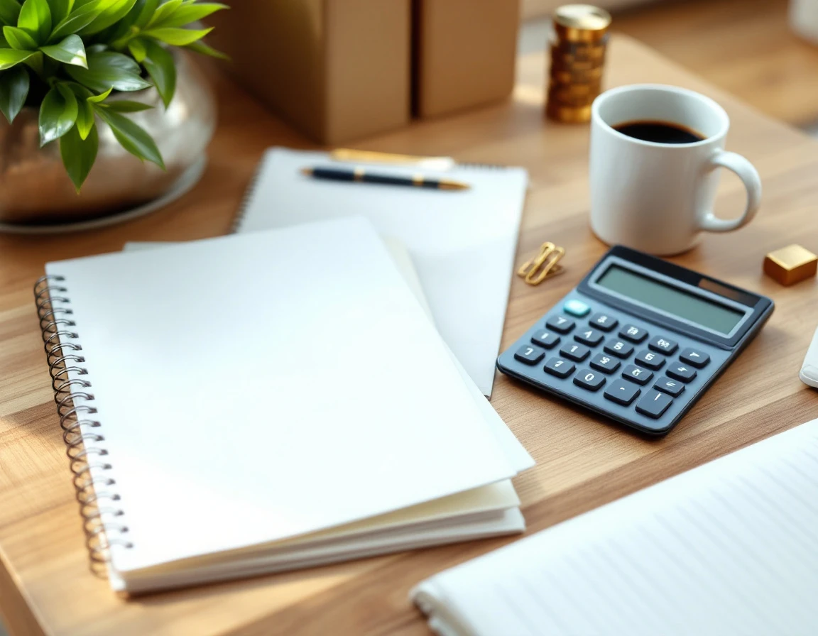 Calculator and organized financial planning materials on wooden desk workspace