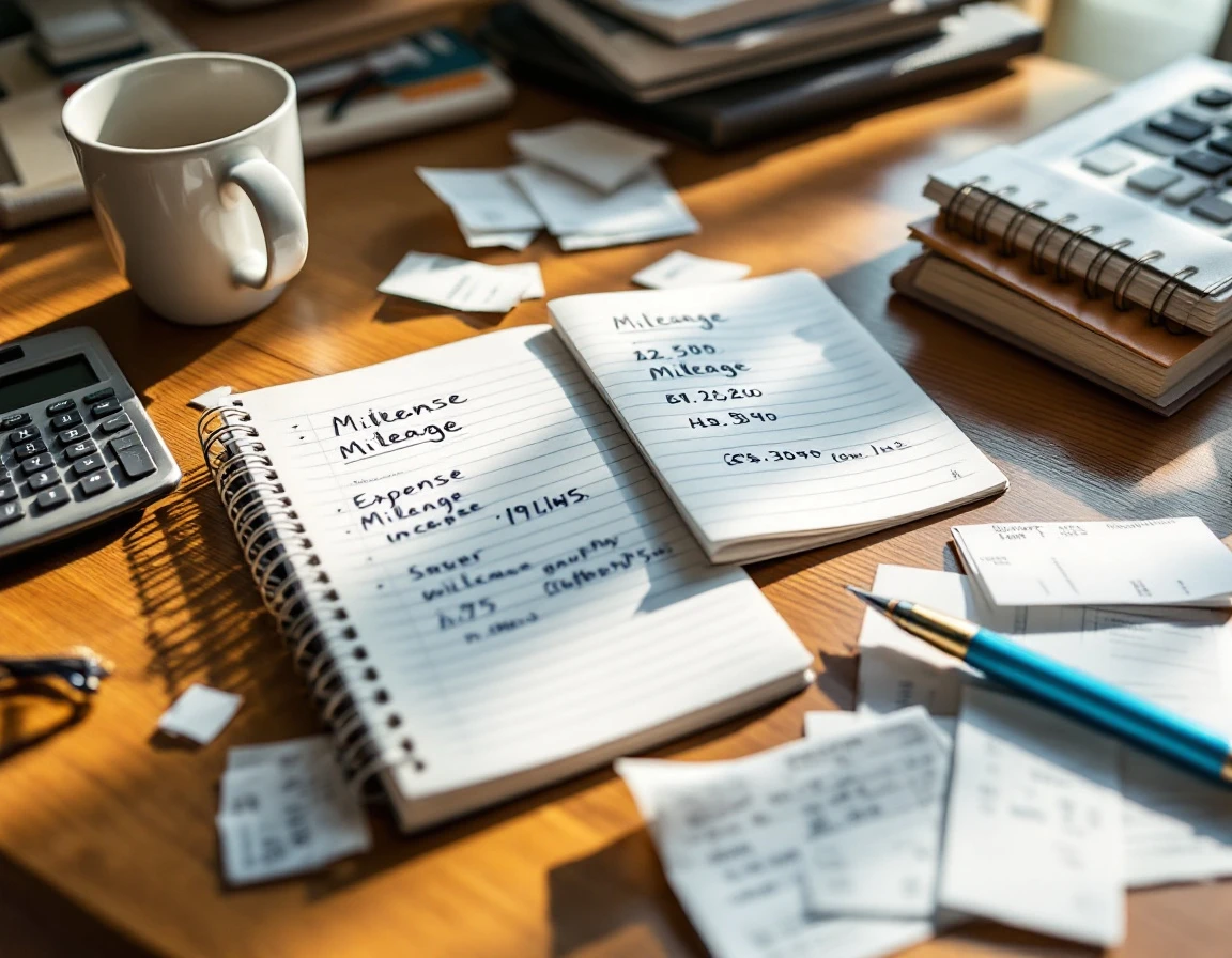 Office desk with mileage log notebook, receipts, calculator, and pen for expense reimbursement documentation