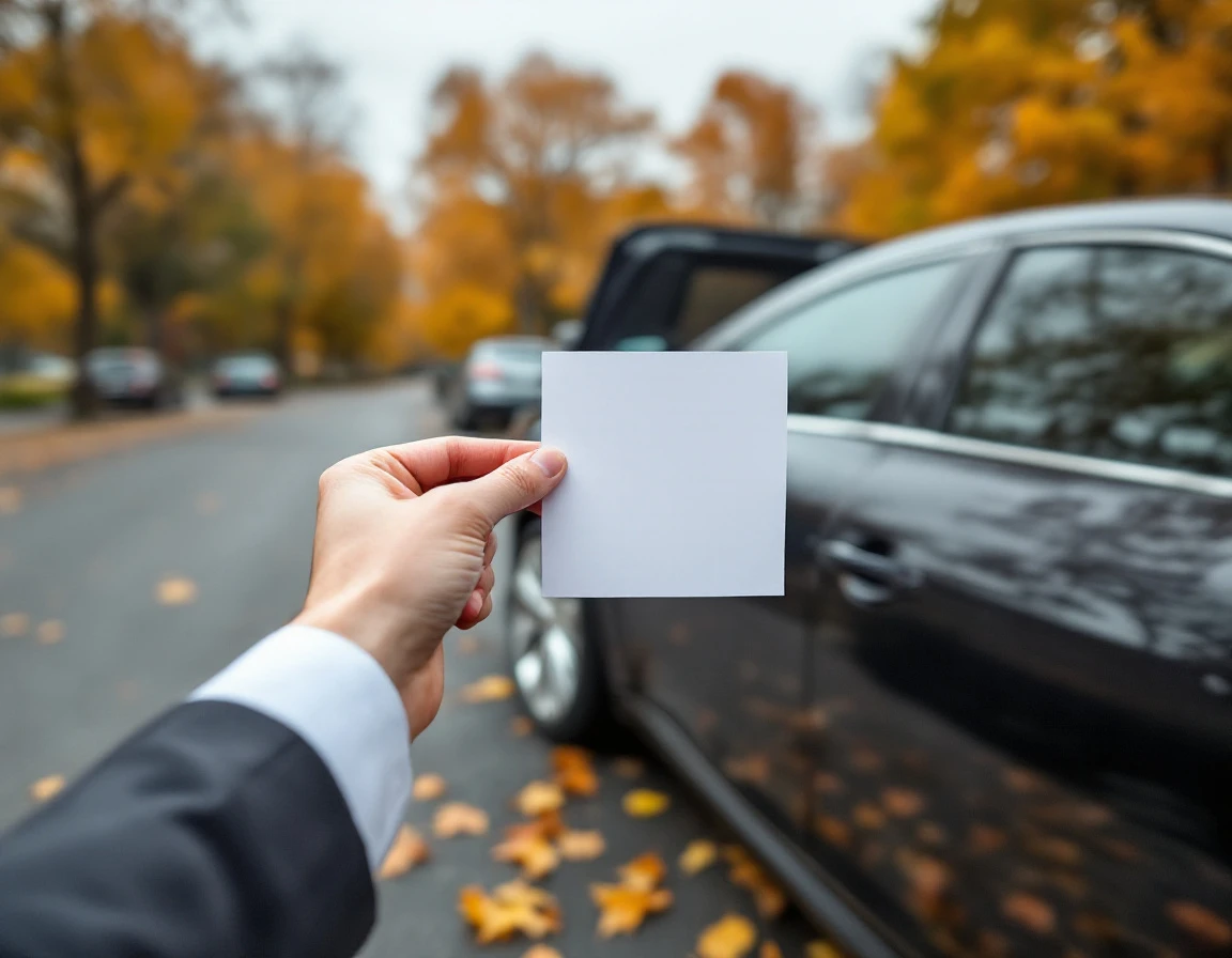 Hand holding blank receipt next to car in parking lot representing employee expense documentation