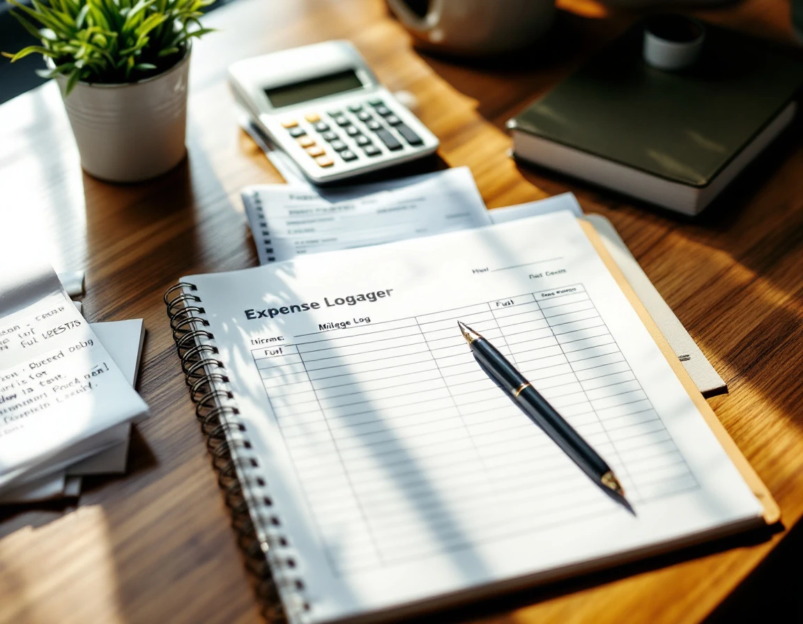 Expense receipts and mileage logbook with pen and calculator on office desk for reimbursement tracking