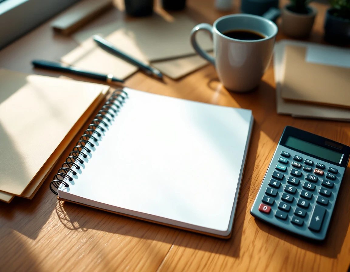 Desk workspace with blank notebook, calculator, coffee, and office materials for payroll preparation tasks