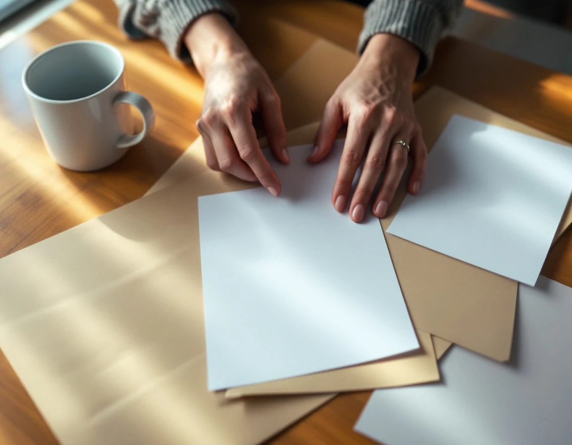 Business owner's hands reviewing blank payroll documents on wooden desk with coffee cup