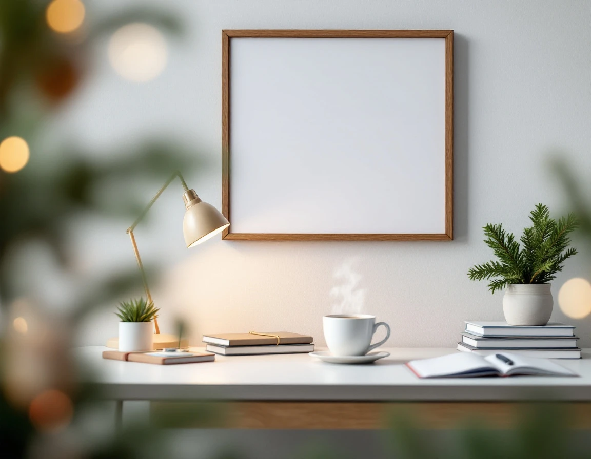 Organized office workspace with coffee, desk lamp, and calendar during the holiday season