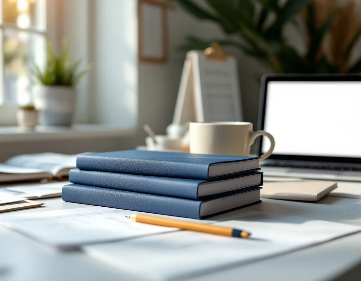 Organized desk with closed notebooks, calendar, and blank documents for overtime scheduling and payroll planning
