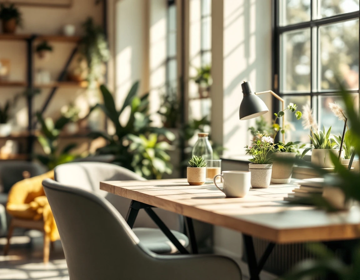 Small business office with natural light, plants, and comfortable collaborative workspace emphasizing employee well-being