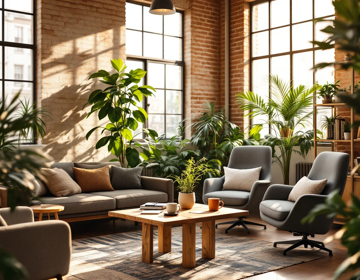 Modern small business office with comfortable seating, plants, and warm natural lighting creating welcoming atmosphere