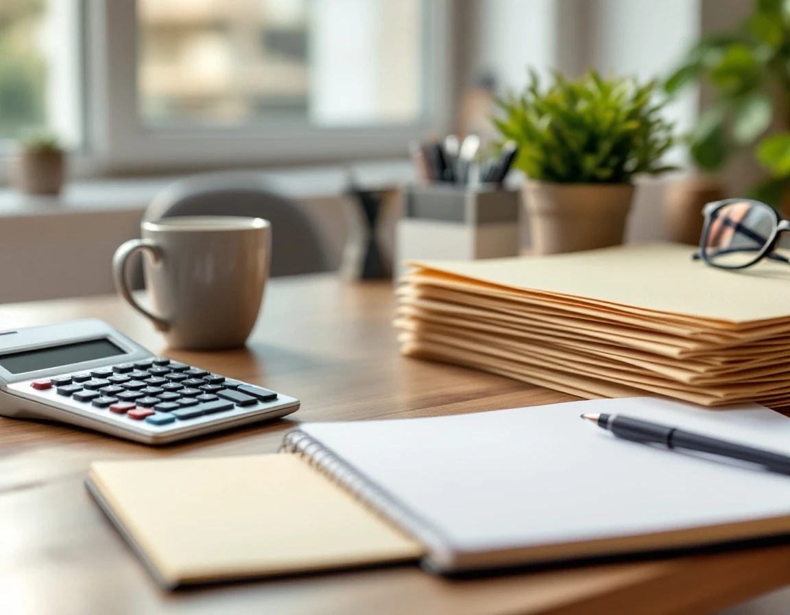 Organized office desk with file folders, calculator, and coffee mug for payroll compliance documentation