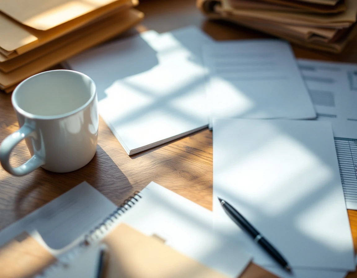 Organized HR compliance workspace with file folders, blank notebook, and coffee mug on wooden desk