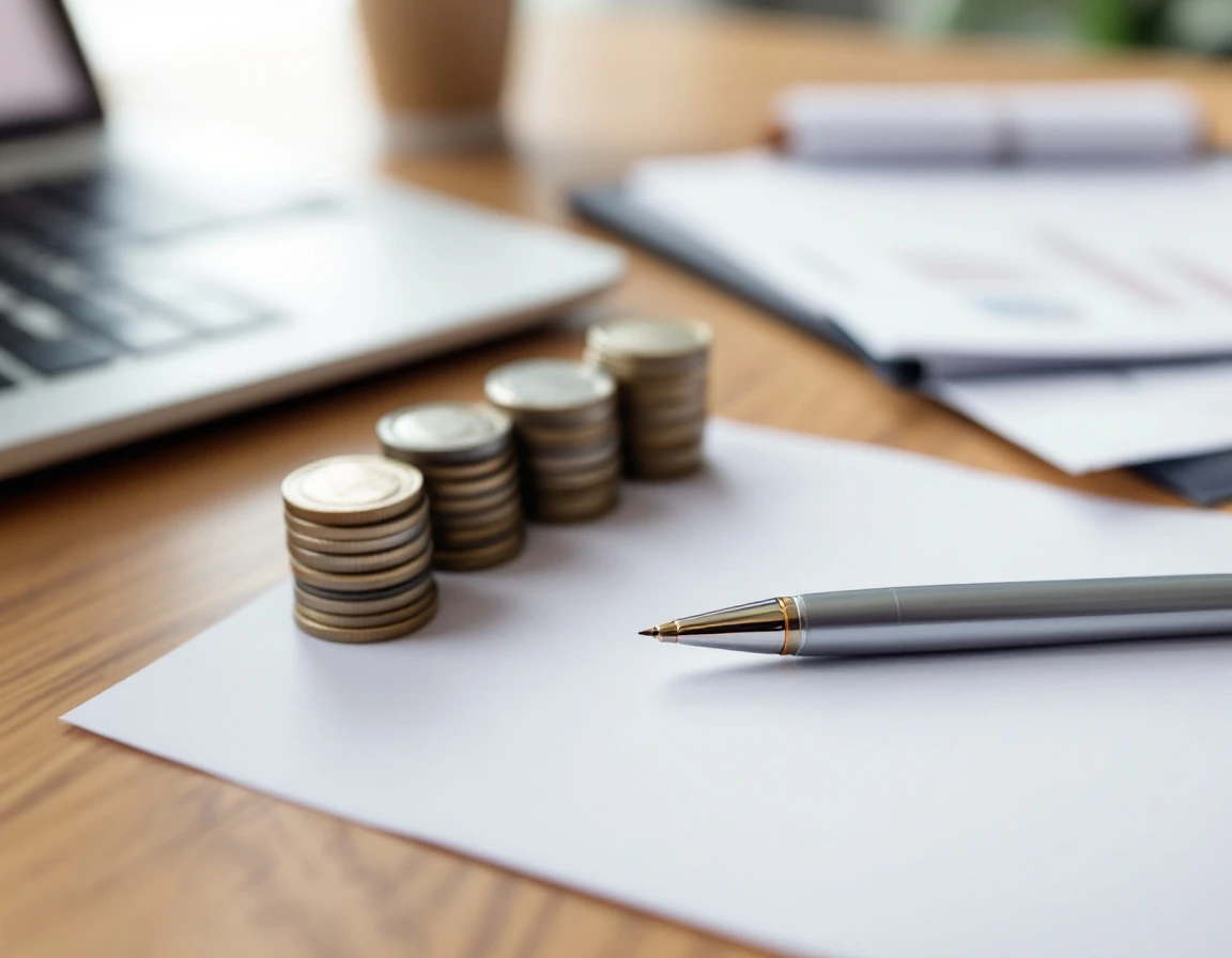 Desk workspace with financial planning materials, coins, and business documents arranged on wooden surface