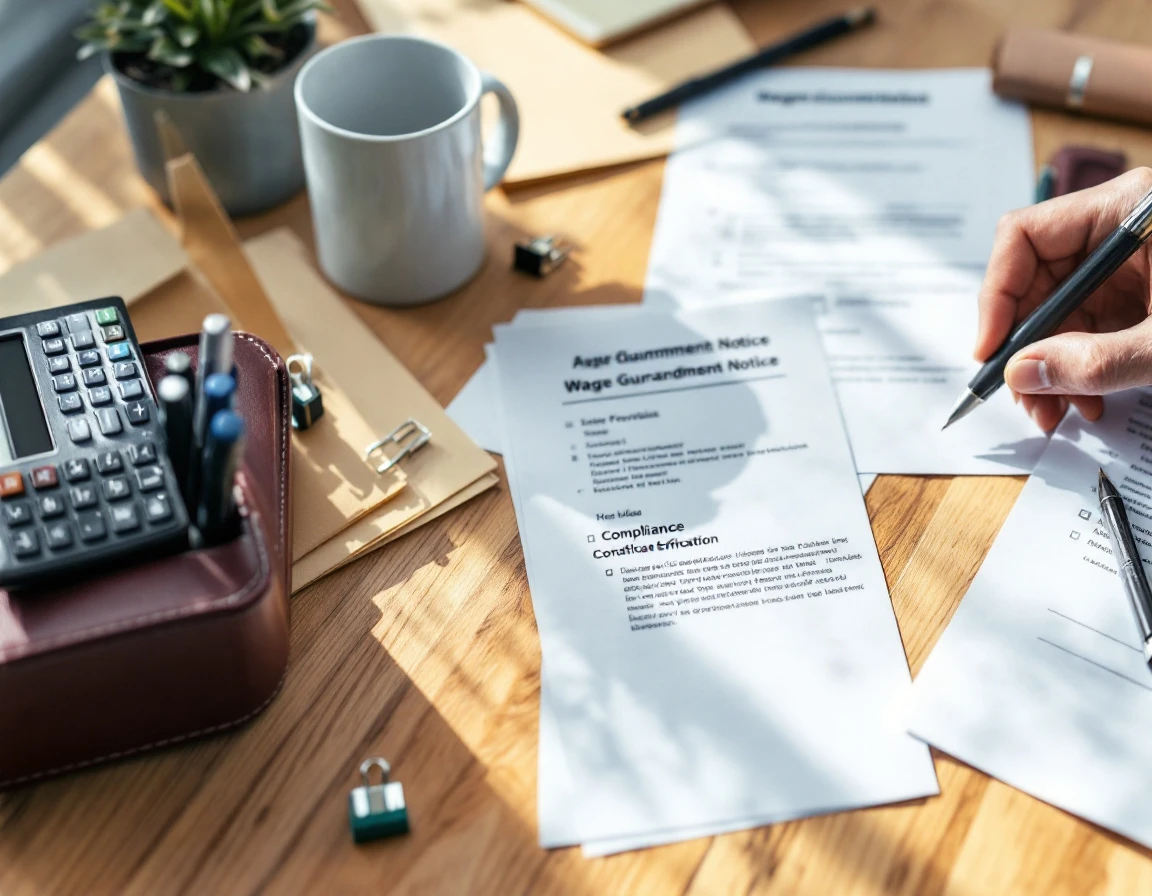 Payroll compliance documents and garnishment forms arranged on professional office desk with calculator