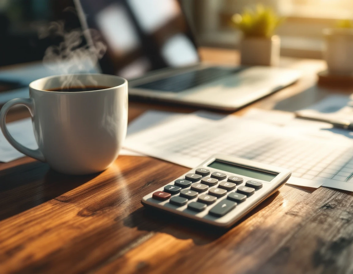 Calculator with blank display alongside coffee and payroll documents on wooden desk