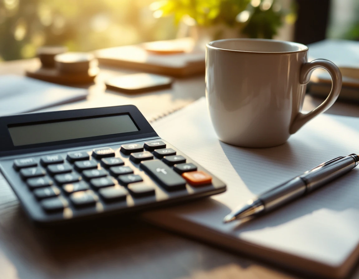 Business desk with calculator, coffee mug, and notepad representing small business payroll budget planning