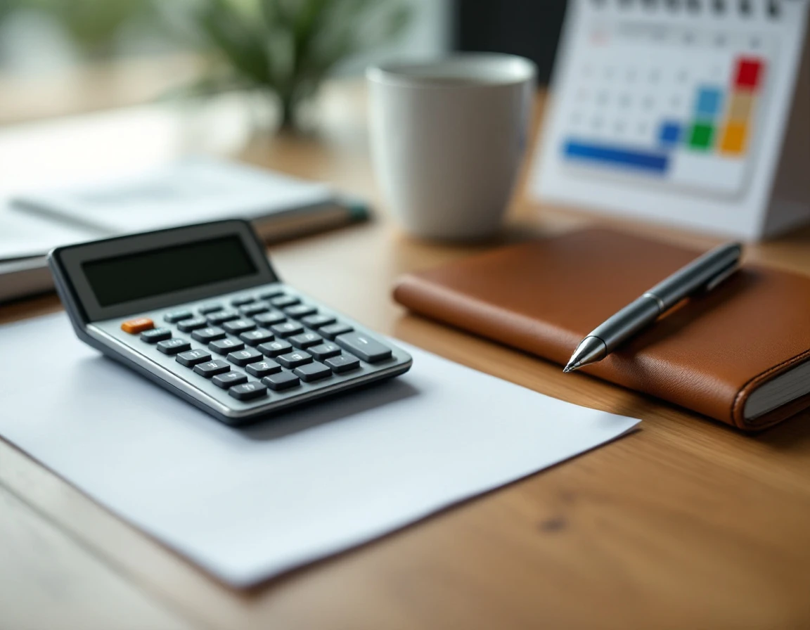 Calculator and office supplies on desk representing payroll calculations and business financial planning