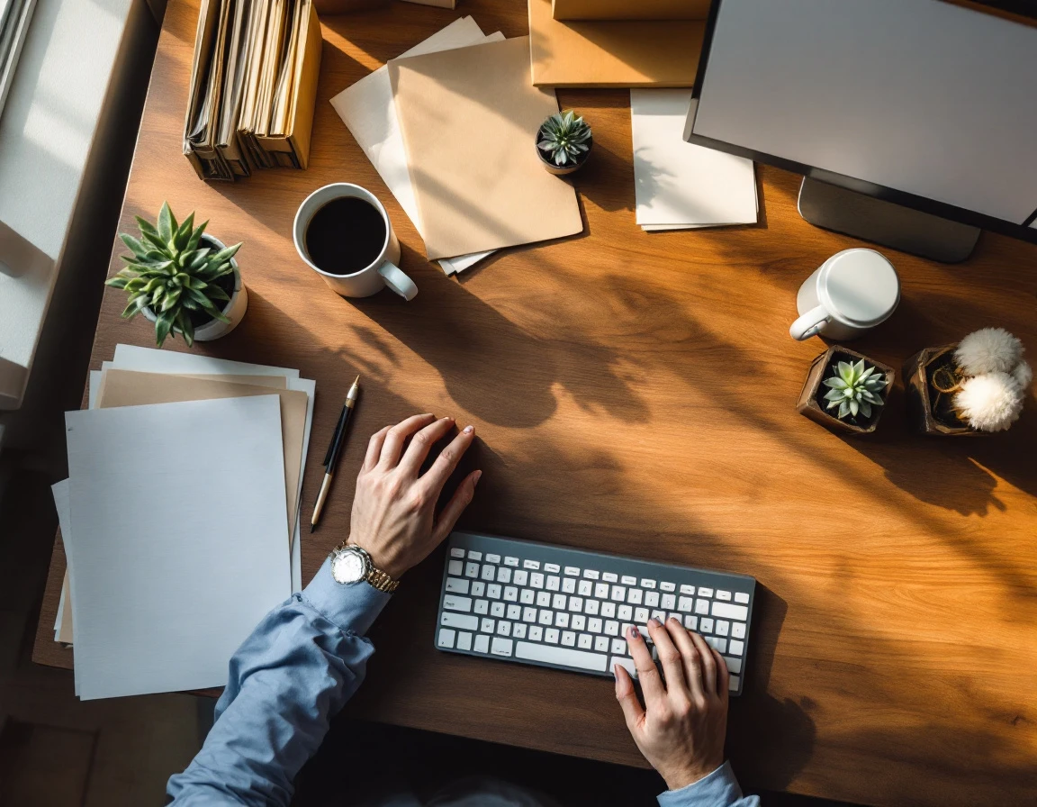 Organized HR office desk with blank paperwork, filing materials, and coffee mug on wooden surface