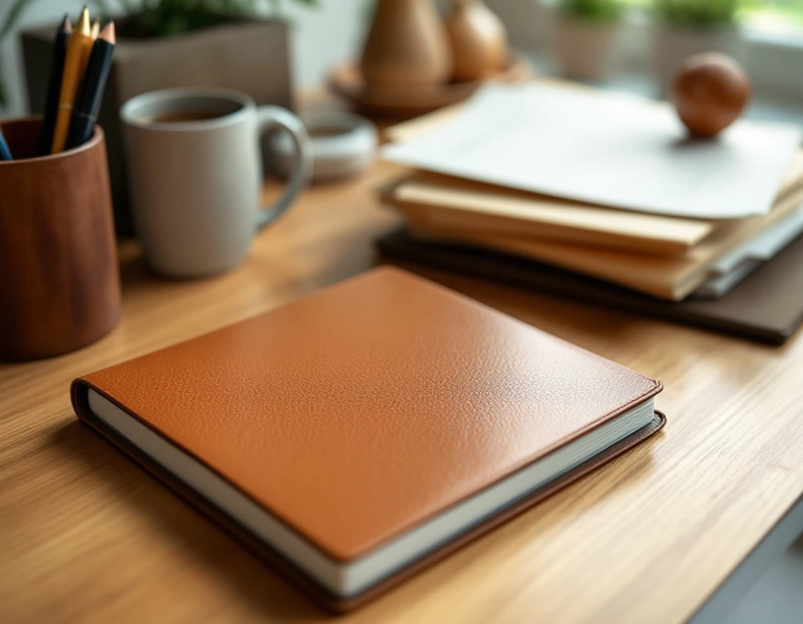 Leather planner and office supplies on wooden desk representing HR schedule management documentation