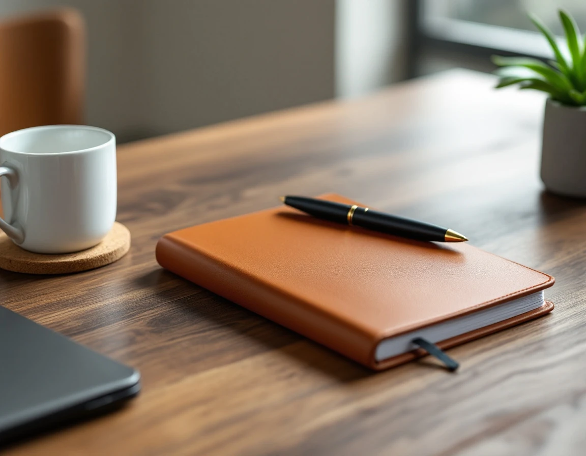 Professional HR desk with closed compliance notebook, pen, and coffee mug in natural window lighting