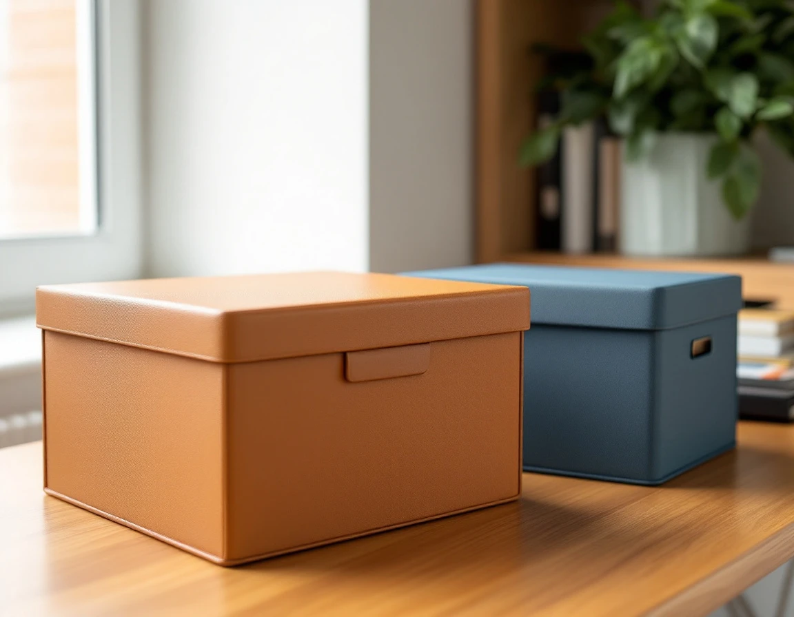 Organized file boxes in different colors on wooden desk showing physical separation of documents