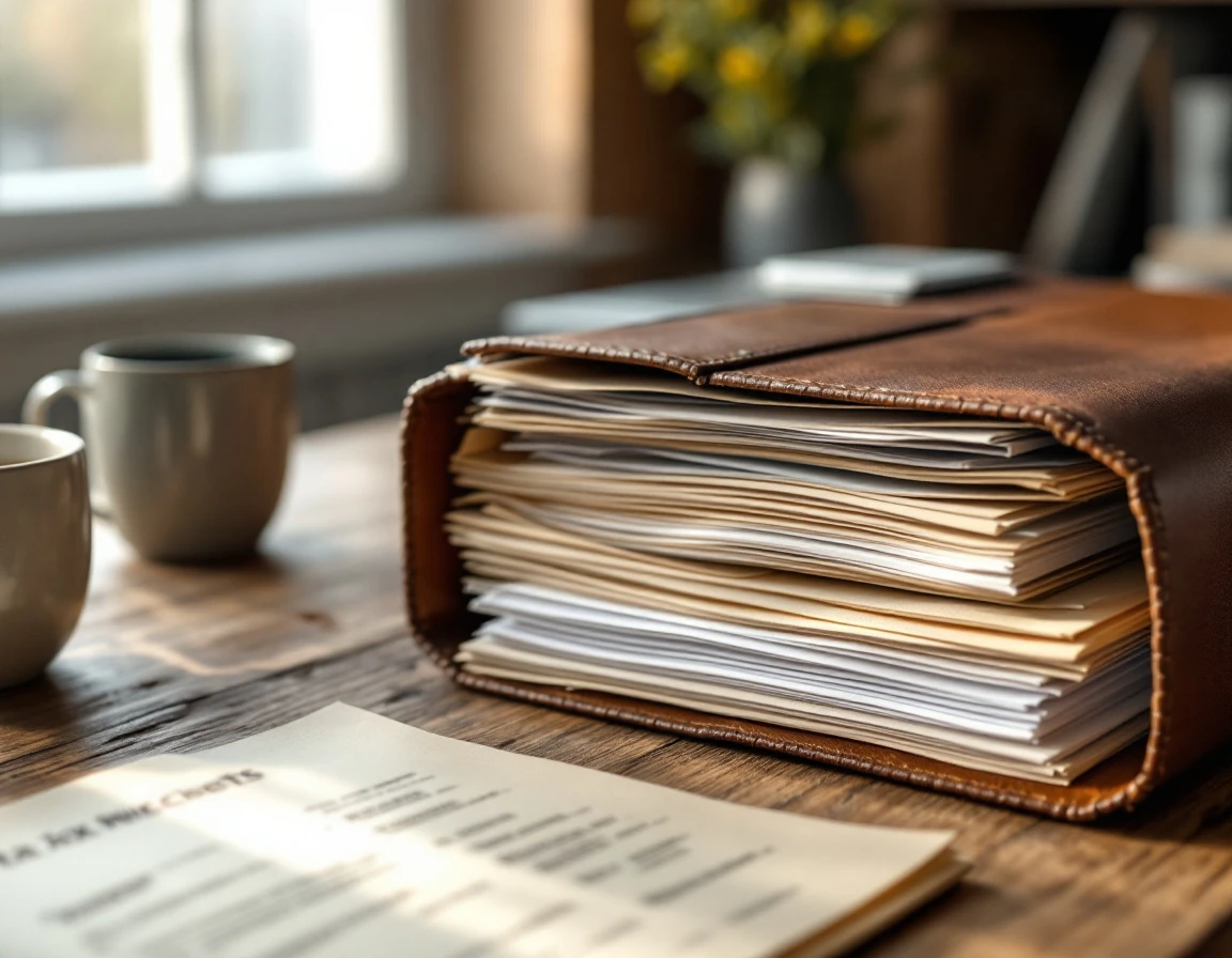 Organized business tax documents and filing system on wooden desk with natural lighting
