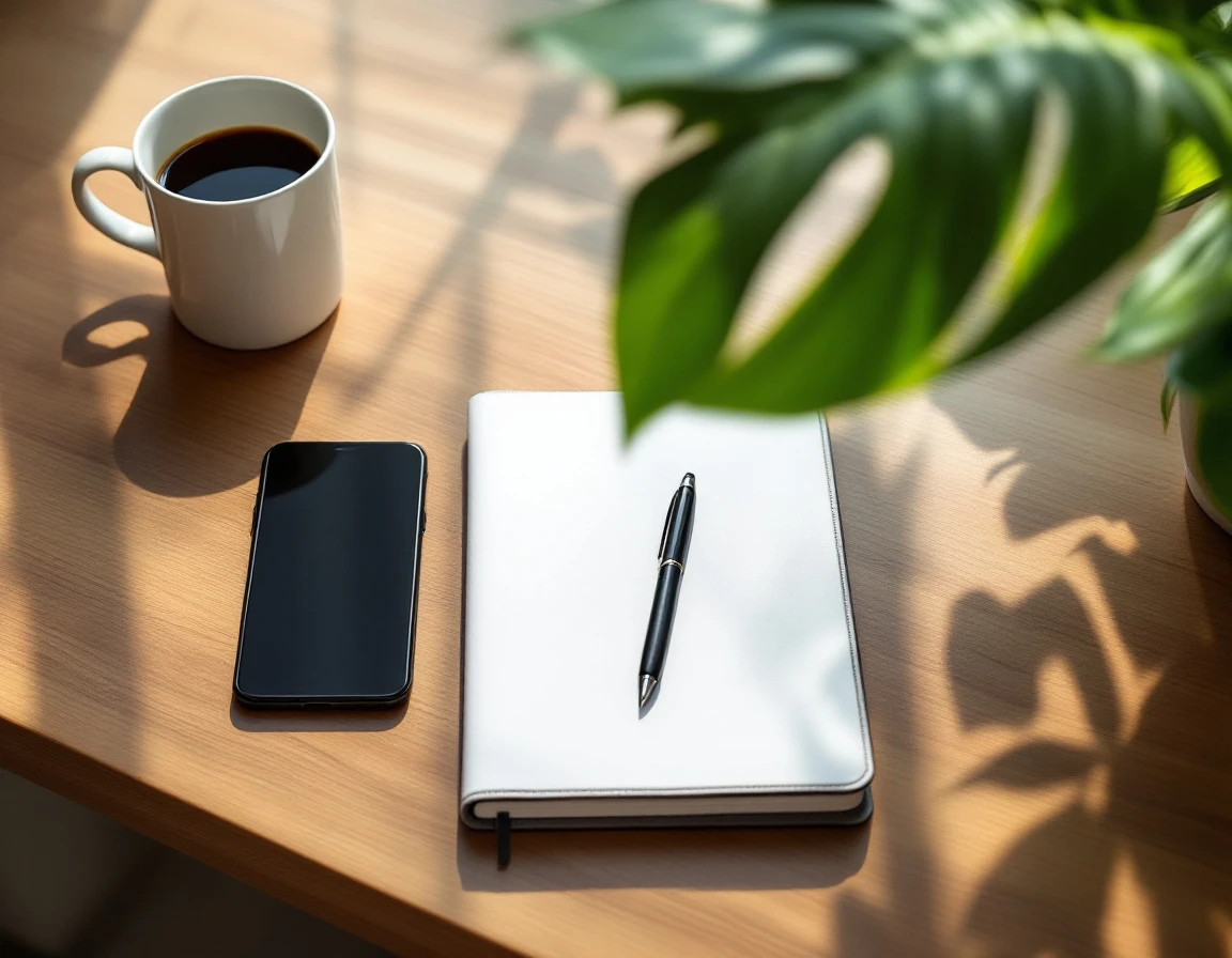 Organized workspace with closed planner, coffee, and plant on wooden desk for business tax management
