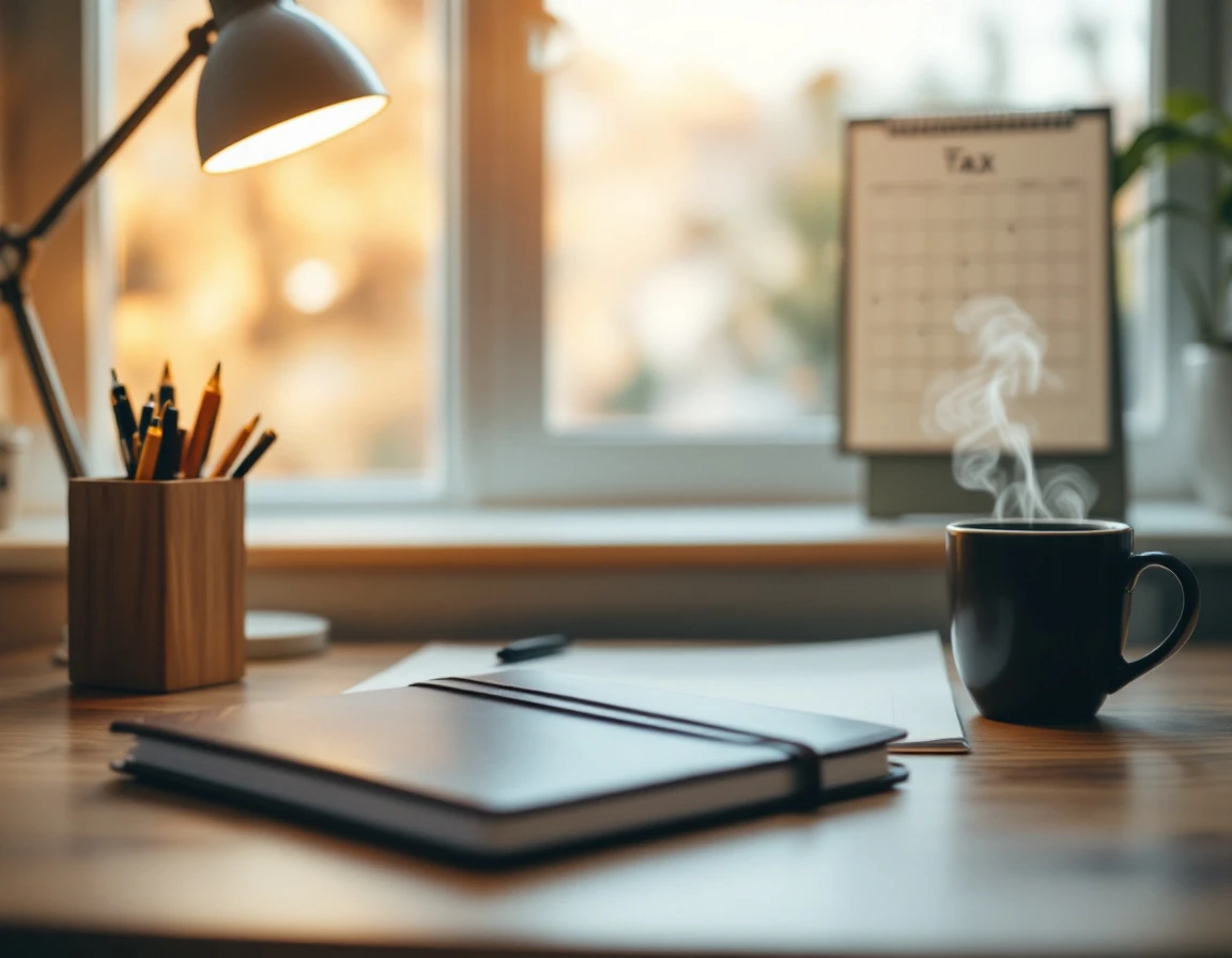Organized desk workspace with closed planner and coffee mug in warm natural lighting