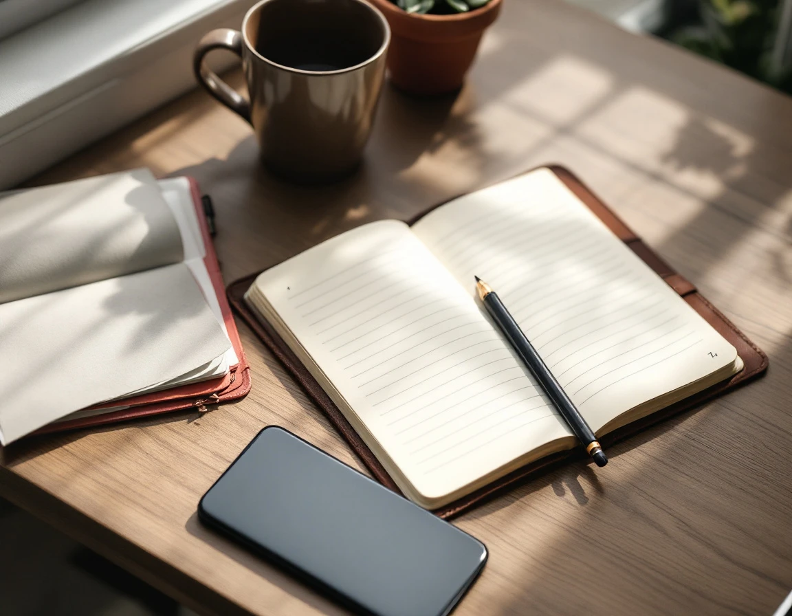 Home office workspace with planner, coffee, and plant arranged for tax preparation planning